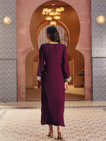 Women Burgundy Rayon Lace V-Neck Abaya Dress