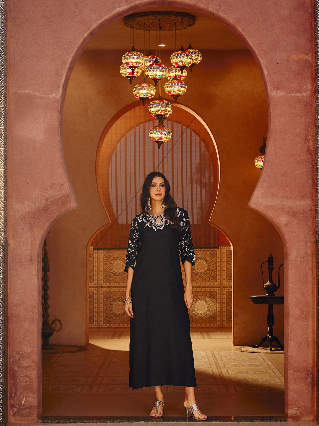 Women Black Embroidered Neck Rayon Abaya Dress