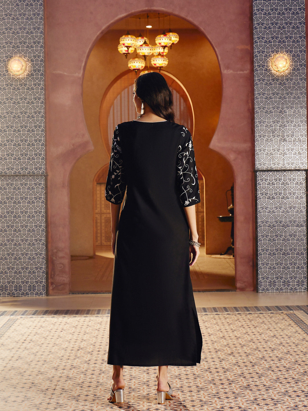 Women Black Embroidered Neck Rayon Abaya Dress