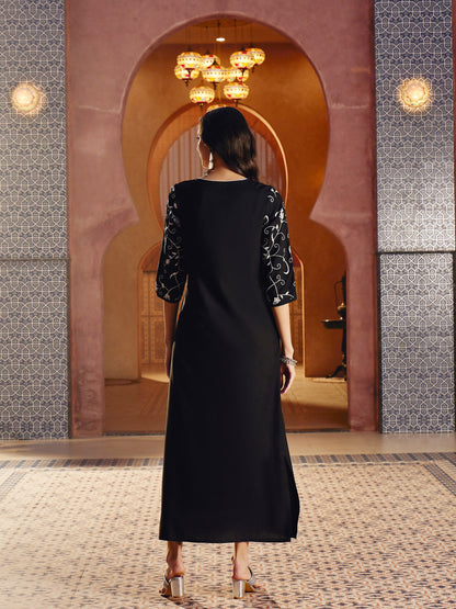 Women Black Embroidered Neck Rayon Abaya Dress