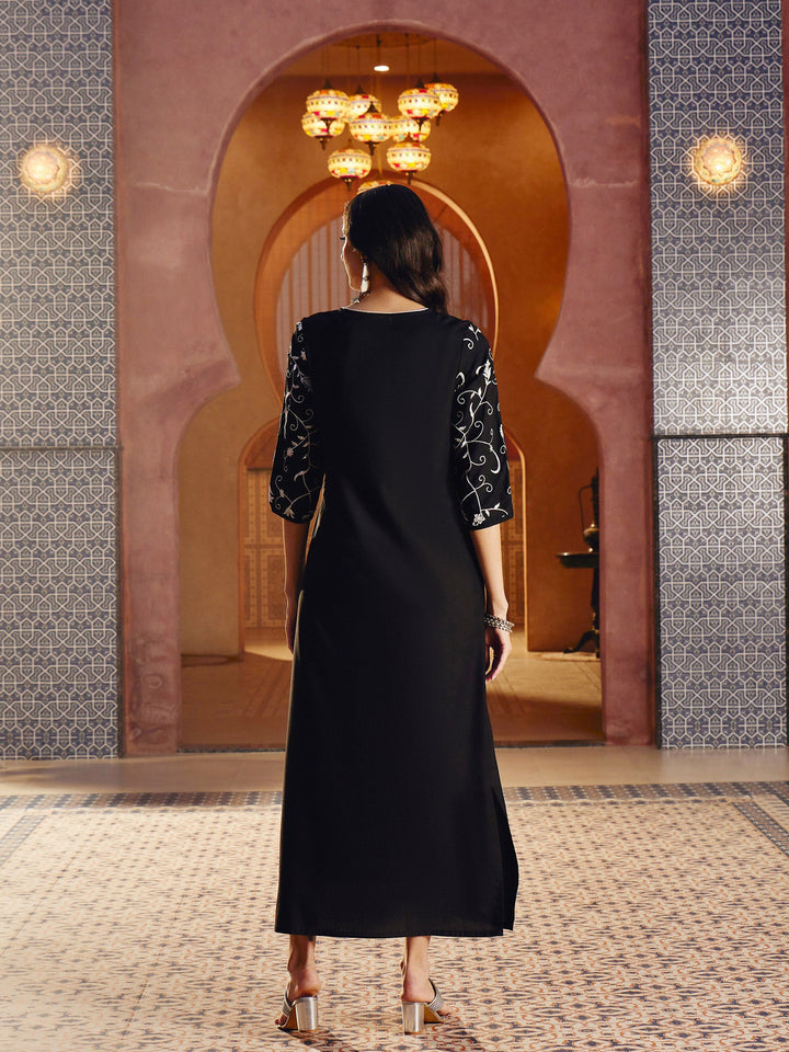 Women Black Embroidered Neck Rayon Abaya Dress