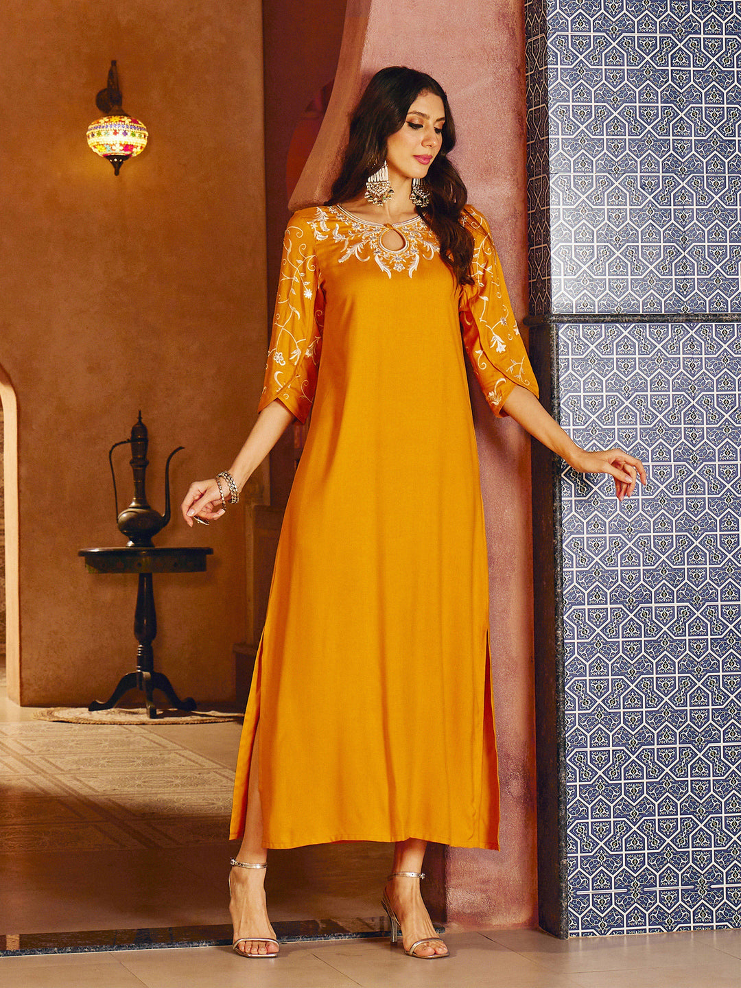 Women Mustard Embroidered Neck Rayon Abaya Dress