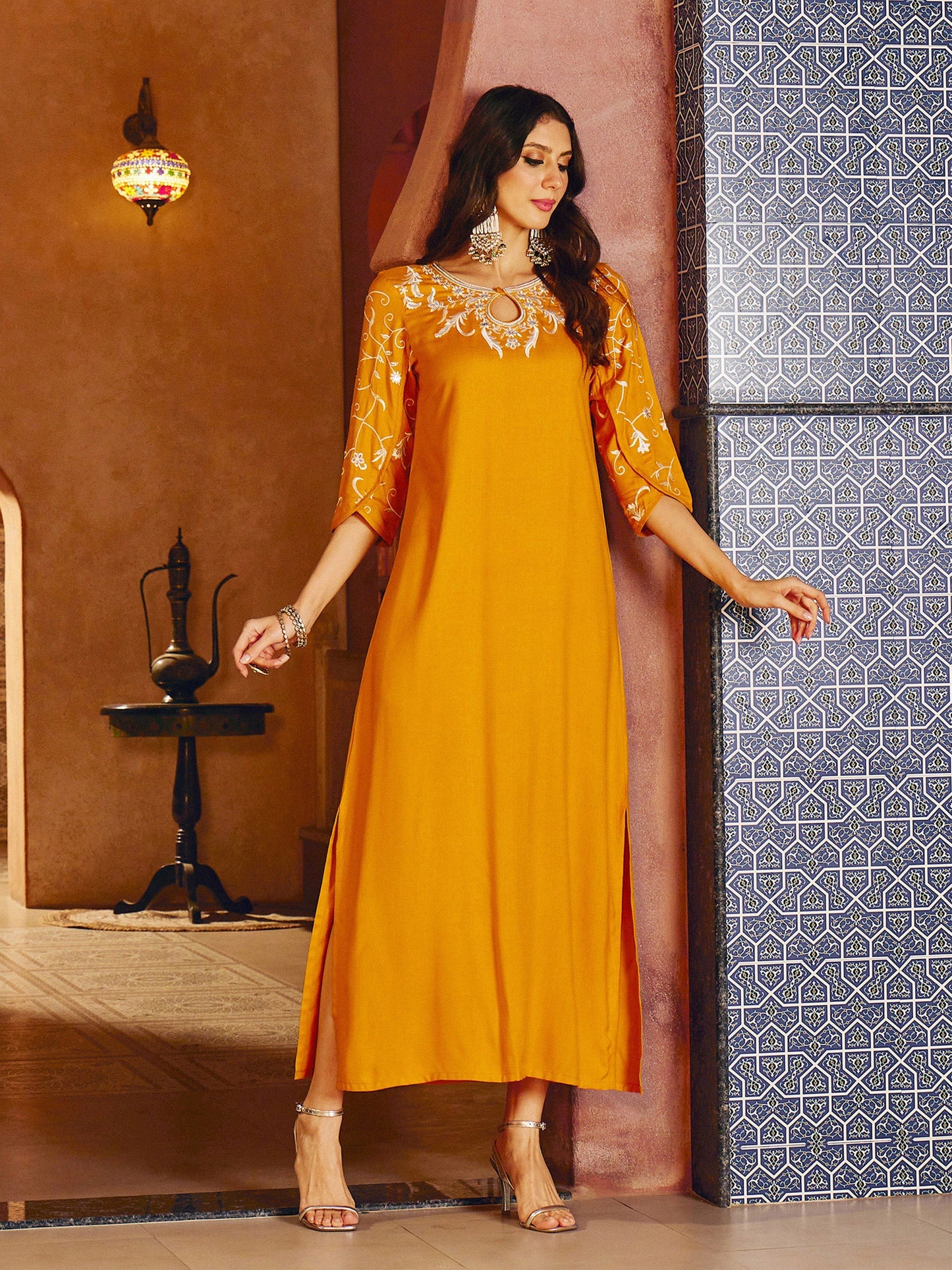 Women Mustard Embroidered Neck Rayon Abaya Dress