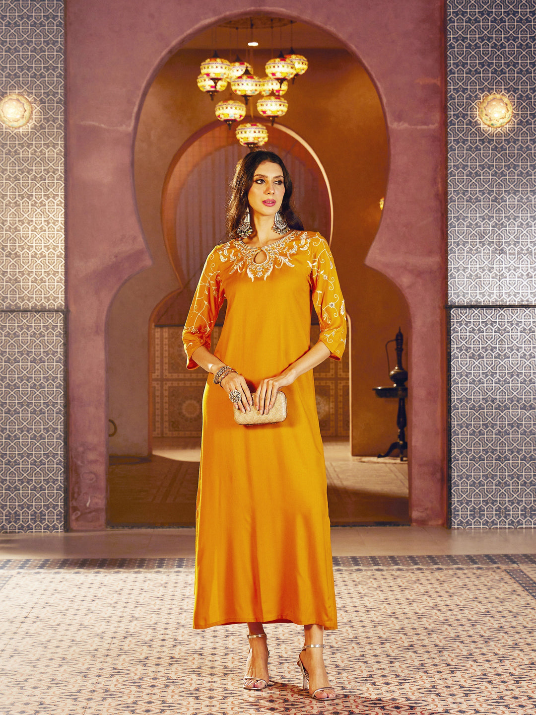 Women Mustard Embroidered Neck Rayon Abaya Dress