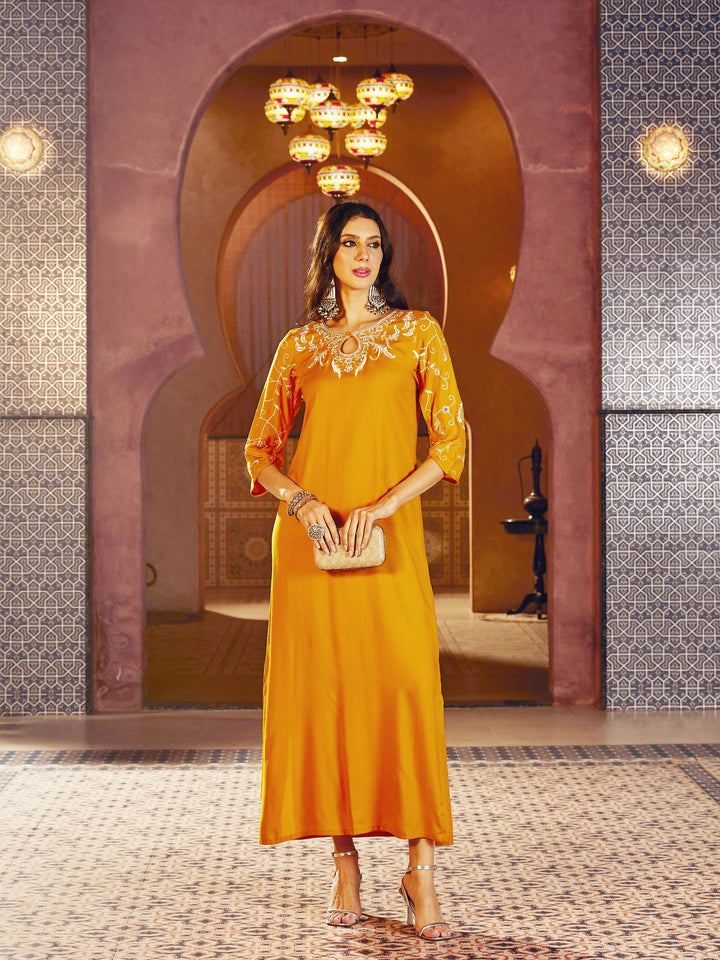 Women Mustard Embroidered Neck Rayon Abaya Dress