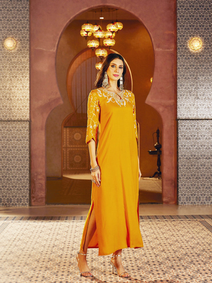 Women Mustard Embroidered Neck Rayon Abaya Dress