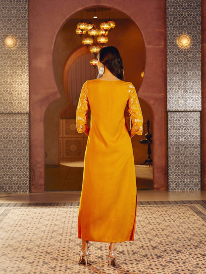 Women Mustard Embroidered Neck Rayon Abaya Dress