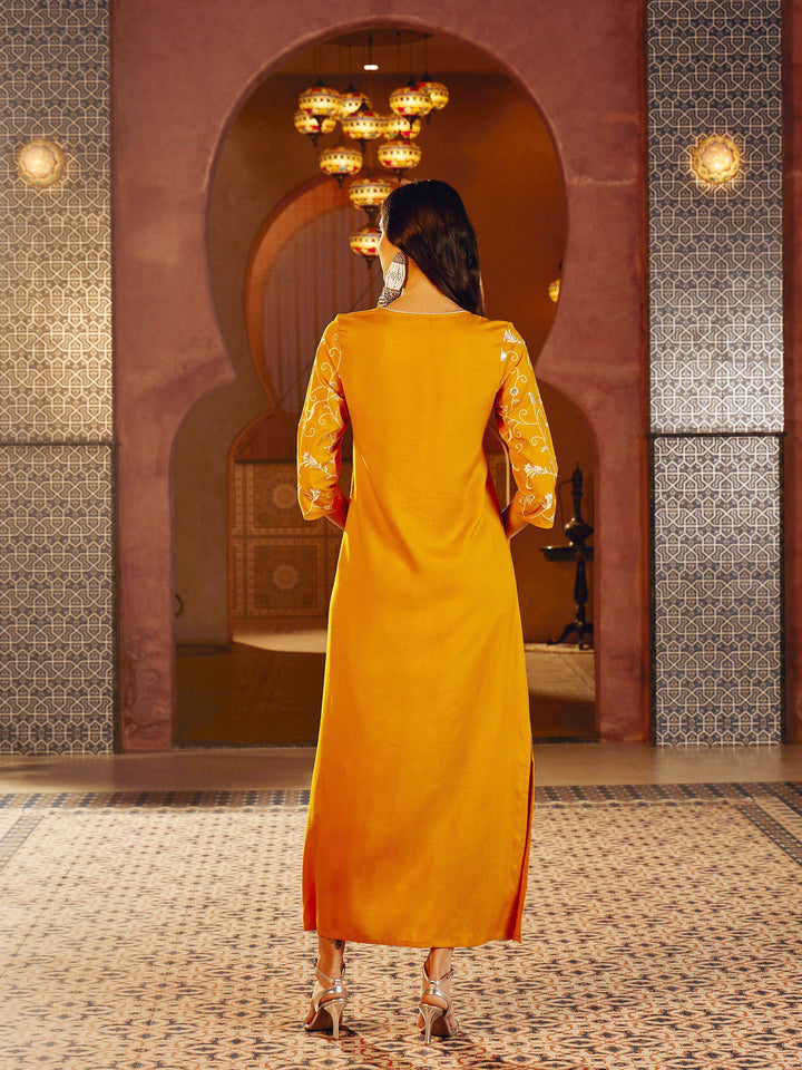 Women Mustard Embroidered Neck Rayon Abaya Dress