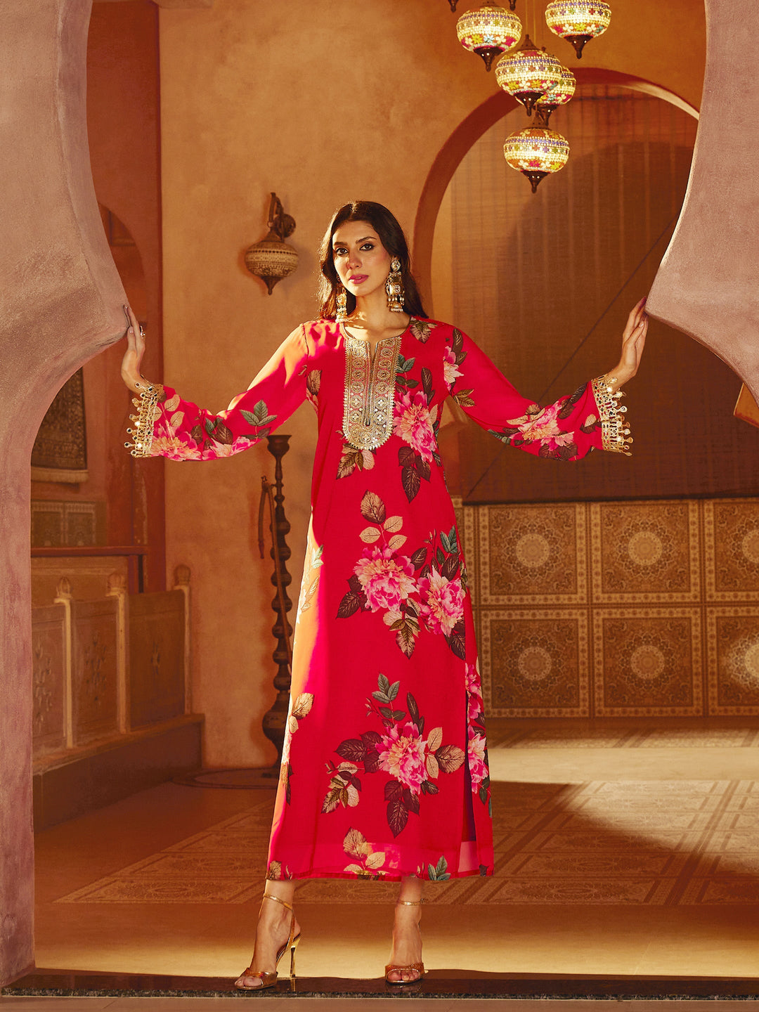 Women Red Floral Embroidered Neck Abaya Dress