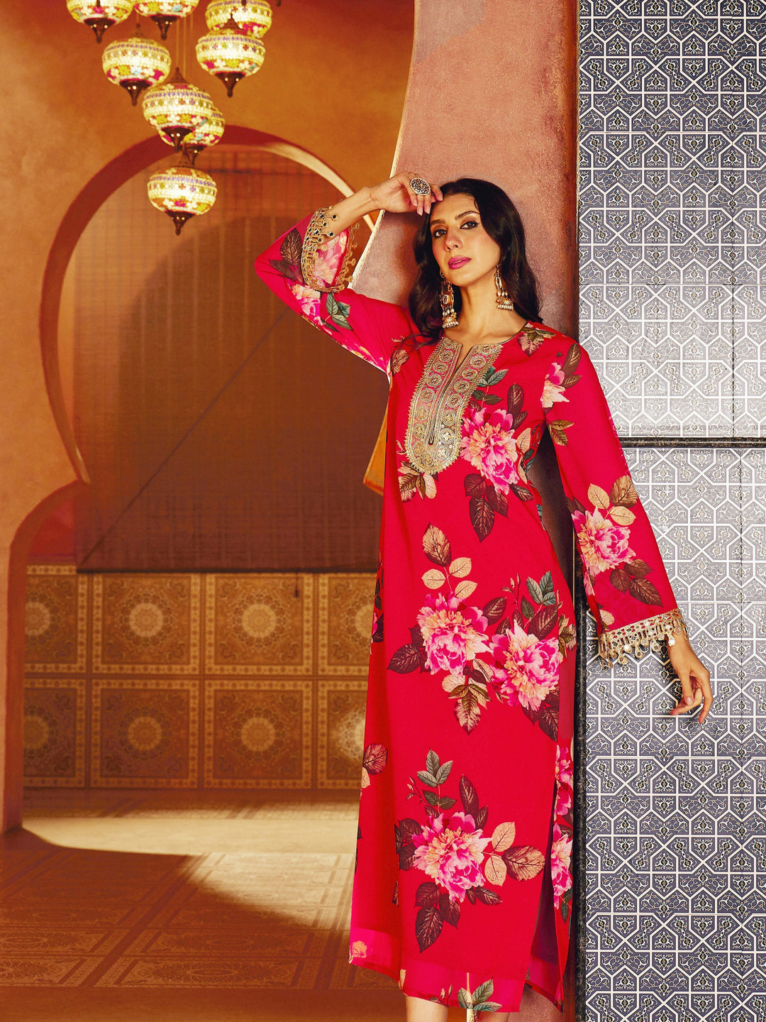 Women Red Floral Embroidered Neck Abaya Dress