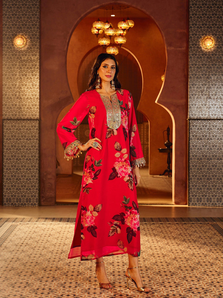Women Red Floral Embroidered Neck Abaya Dress