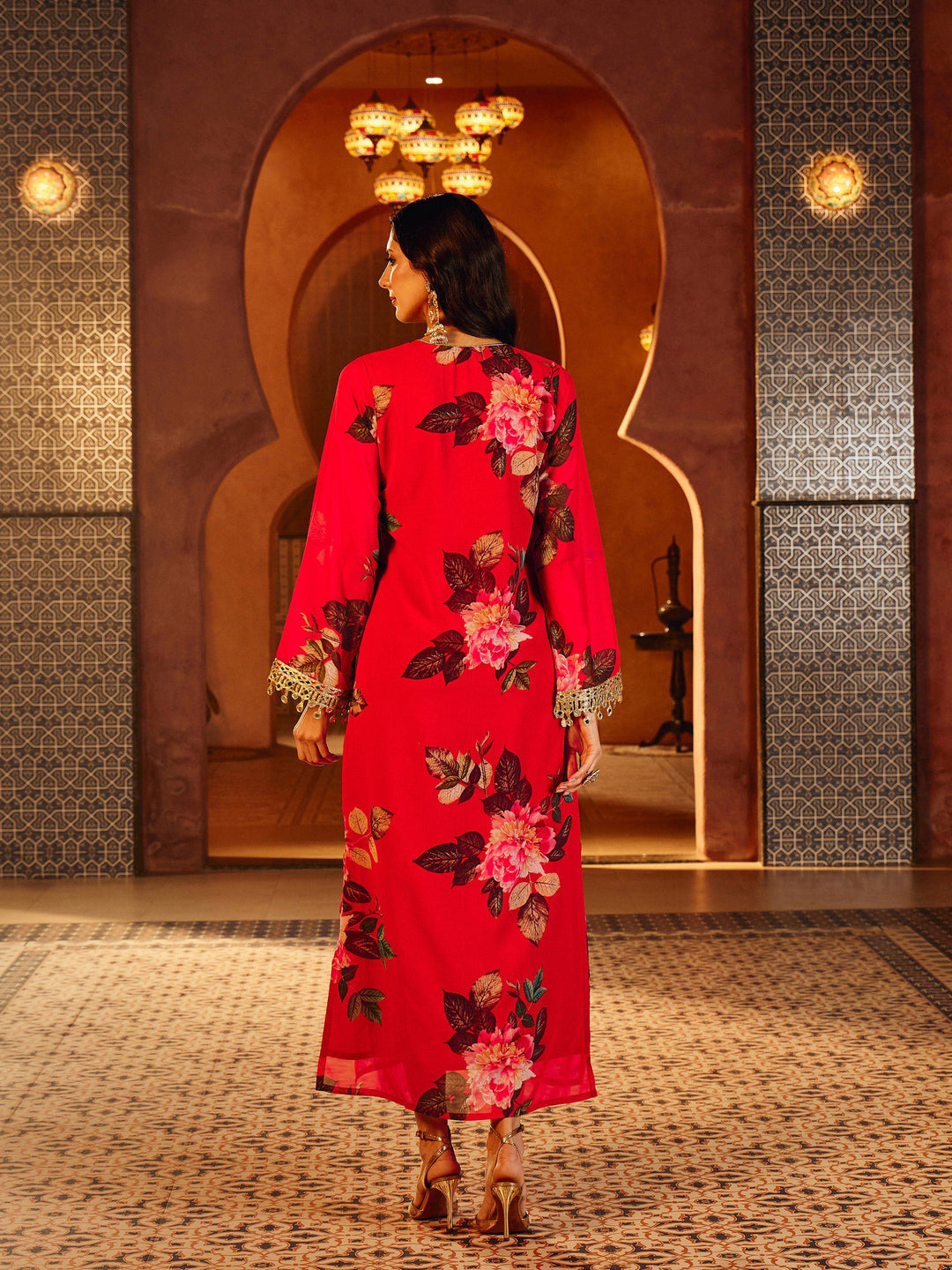 Women Red Floral Embroidered Neck Abaya Dress