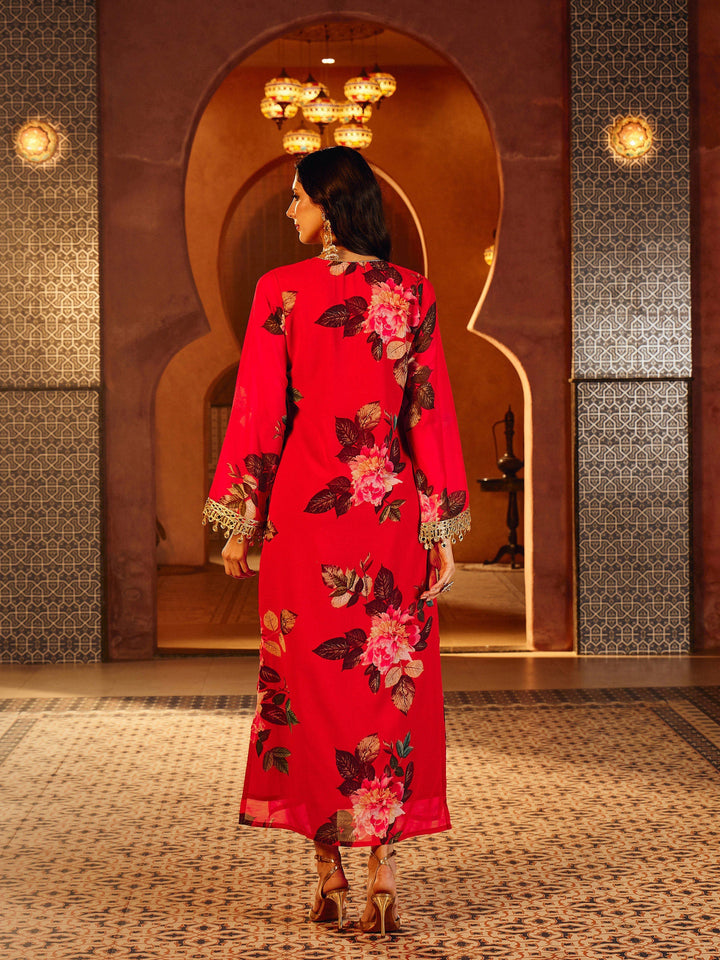 Women Red Floral Embroidered Neck Abaya Dress