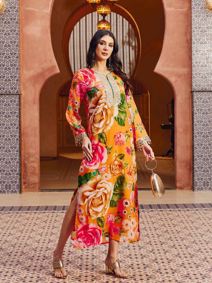 Women Orange Floral Embroidered Neck Abaya Dress
