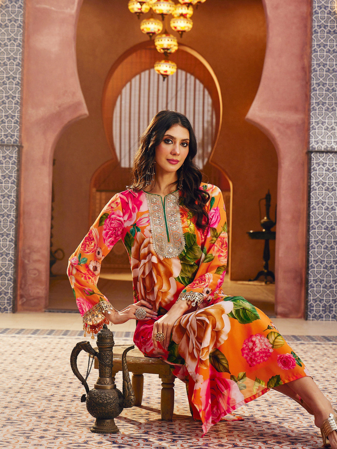 Women Orange Floral Embroidered Neck Abaya Dress