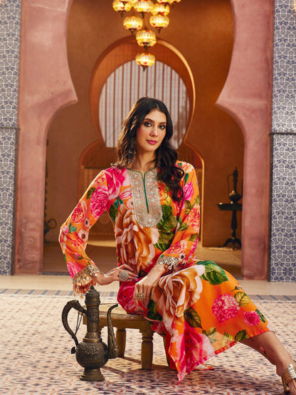 Women Orange Floral Embroidered Neck Abaya Dress