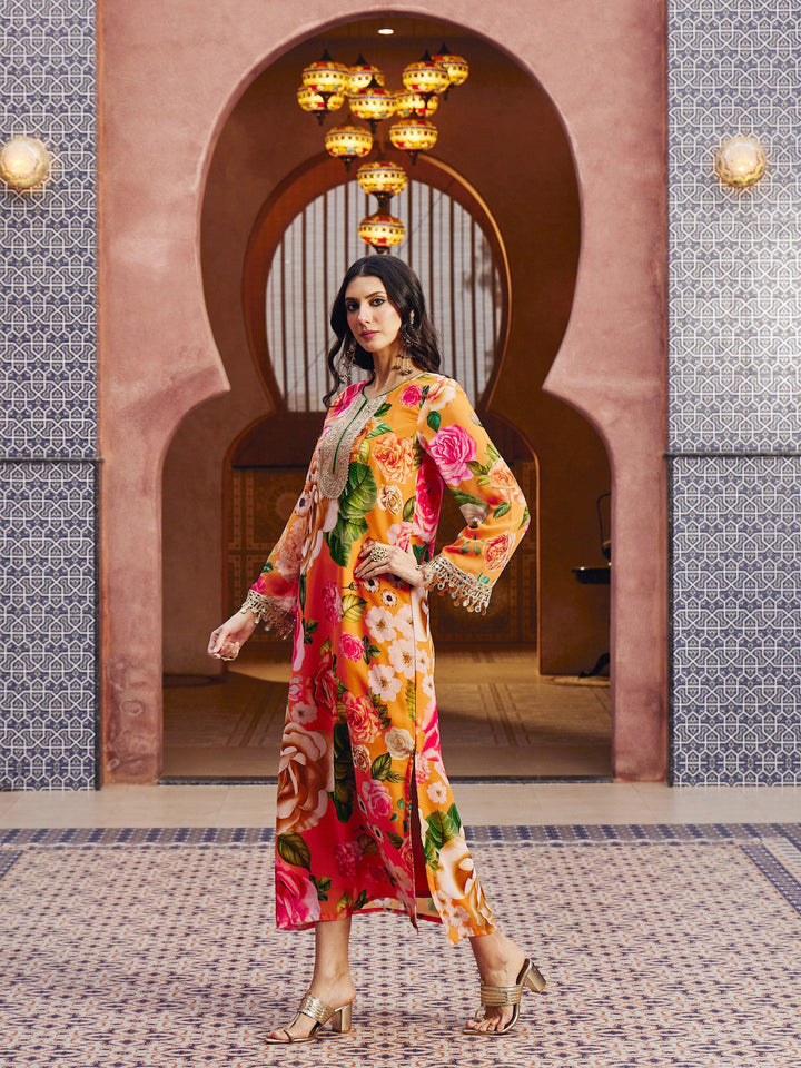 Women Orange Floral Embroidered Neck Abaya Dress