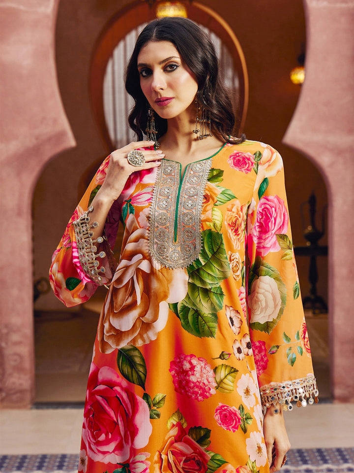 Women Orange Floral Embroidered Neck Abaya Dress