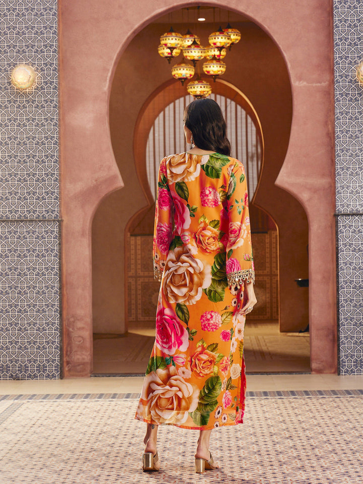Women Orange Floral Embroidered Neck Abaya Dress