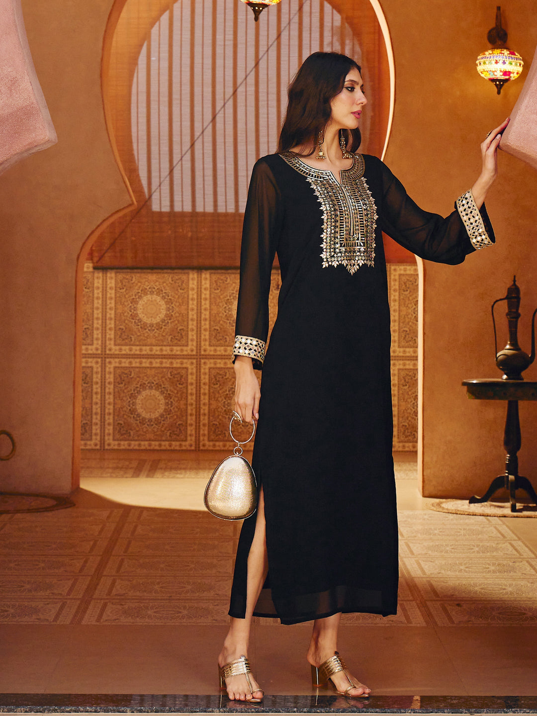 Women Black Embroidered Neck Abaya Dress