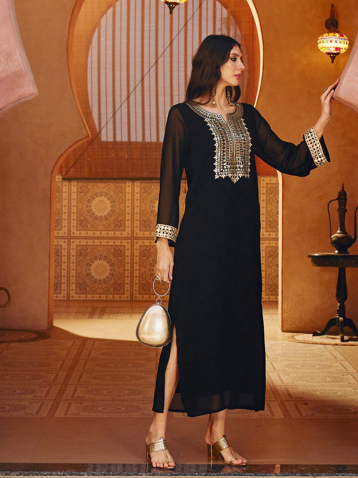 Women Black Embroidered Neck Abaya Dress