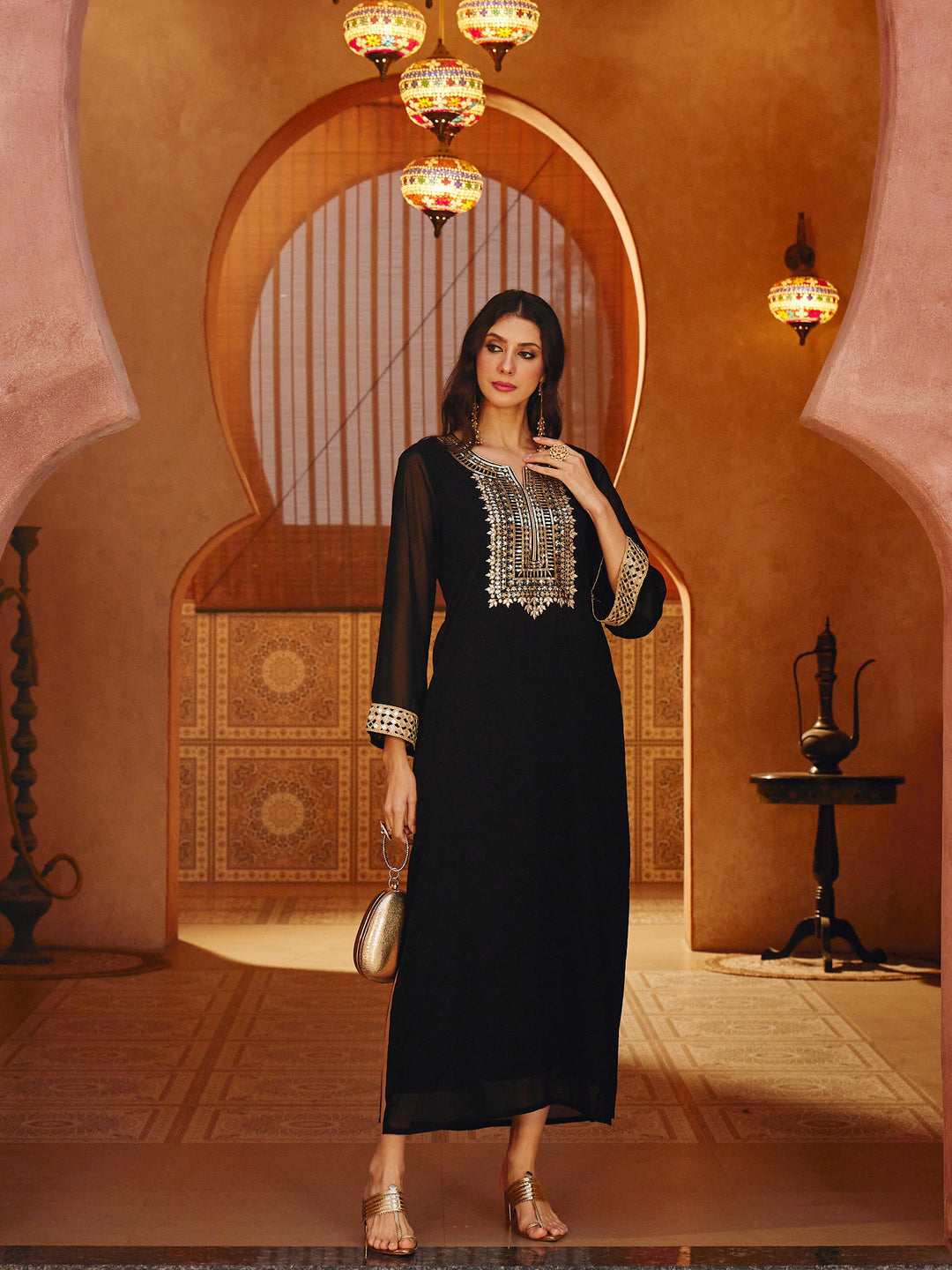 Women Black Embroidered Neck Abaya Dress