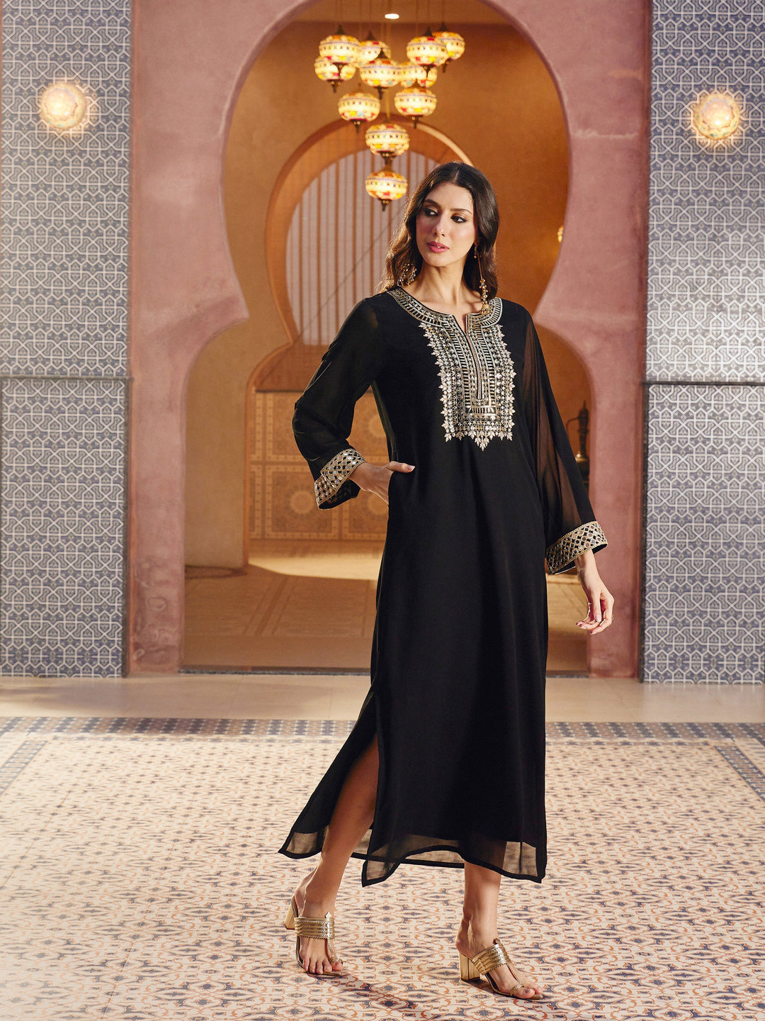 Women Black Embroidered Neck Abaya Dress