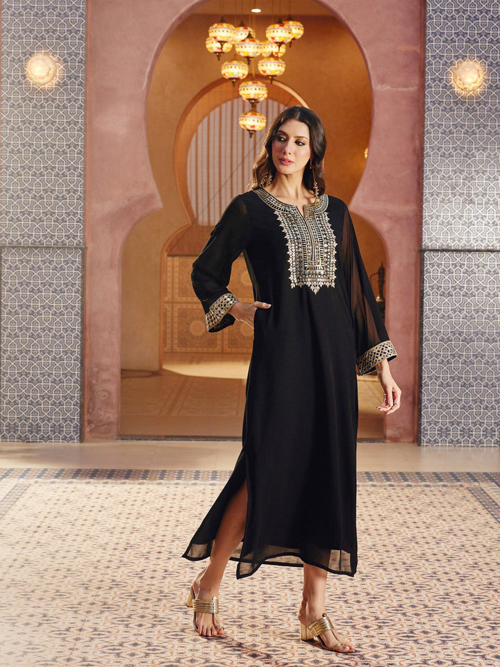 Women Black Embroidered Neck Abaya Dress