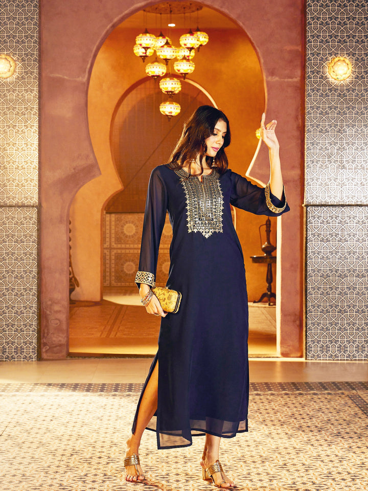Women Navy Embroidered Neck Abaya Dress