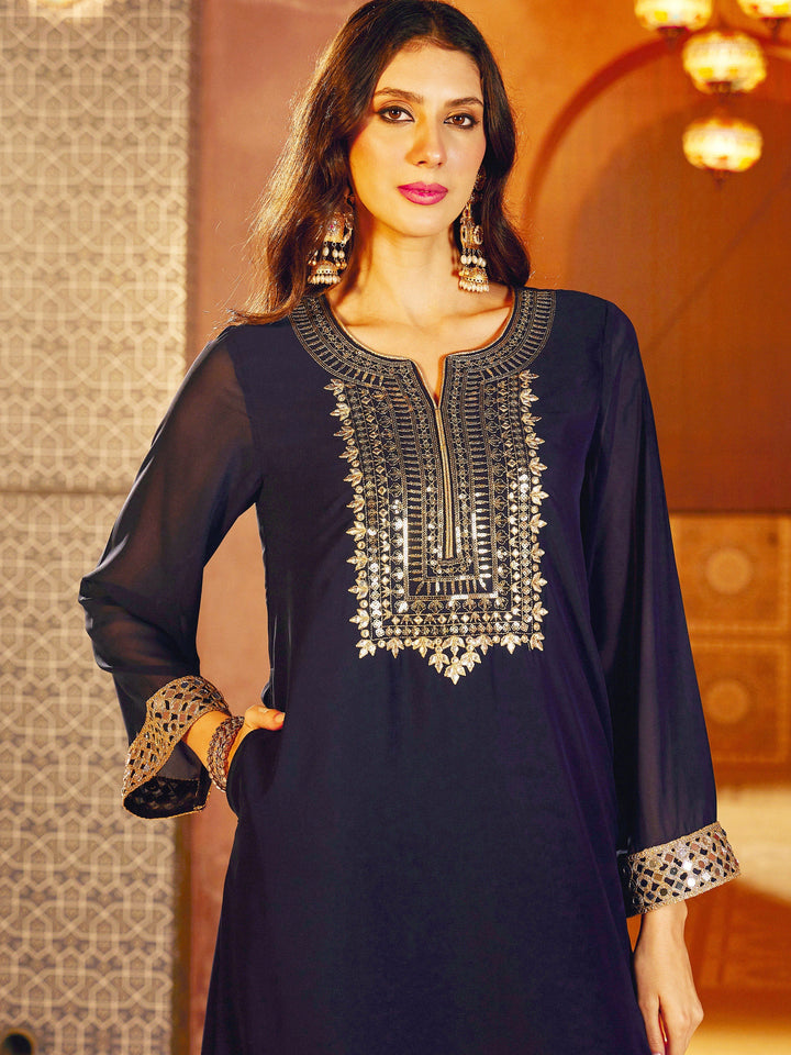 Women Navy Embroidered Neck Abaya Dress