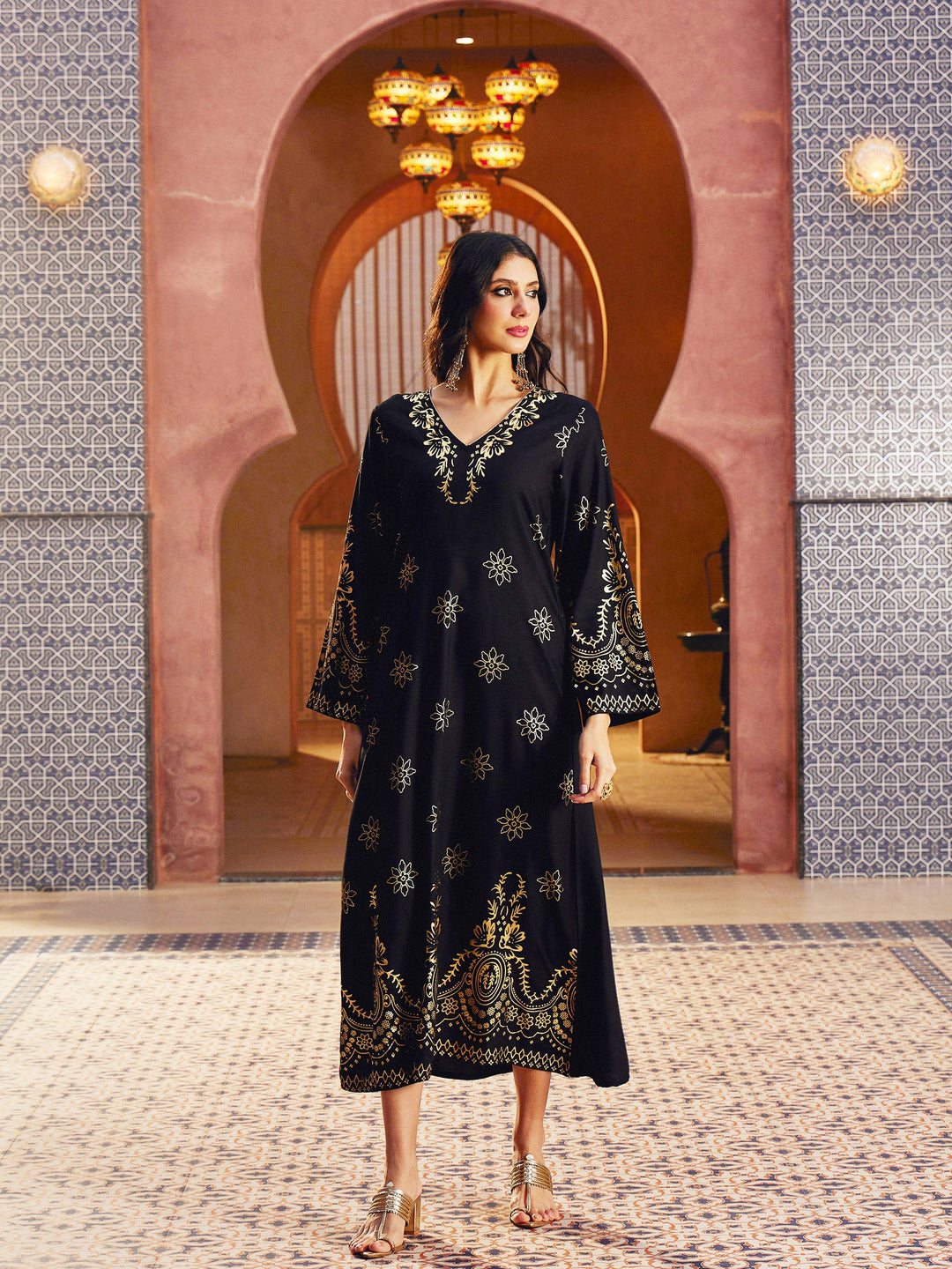 Women Black Foil Print V-Neck Abaya Dress