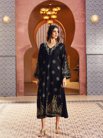 Women Black Foil Print V-Neck Abaya Dress