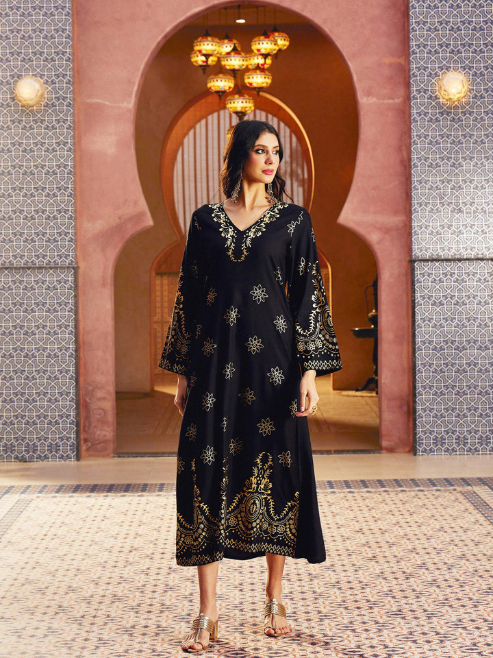 Women Black Foil Print V-Neck Abaya Dress
