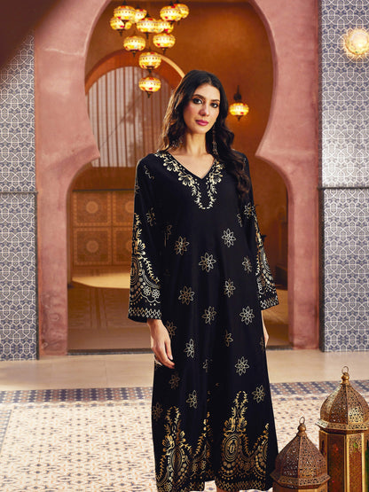 Women Black Foil Print V-Neck Abaya Dress