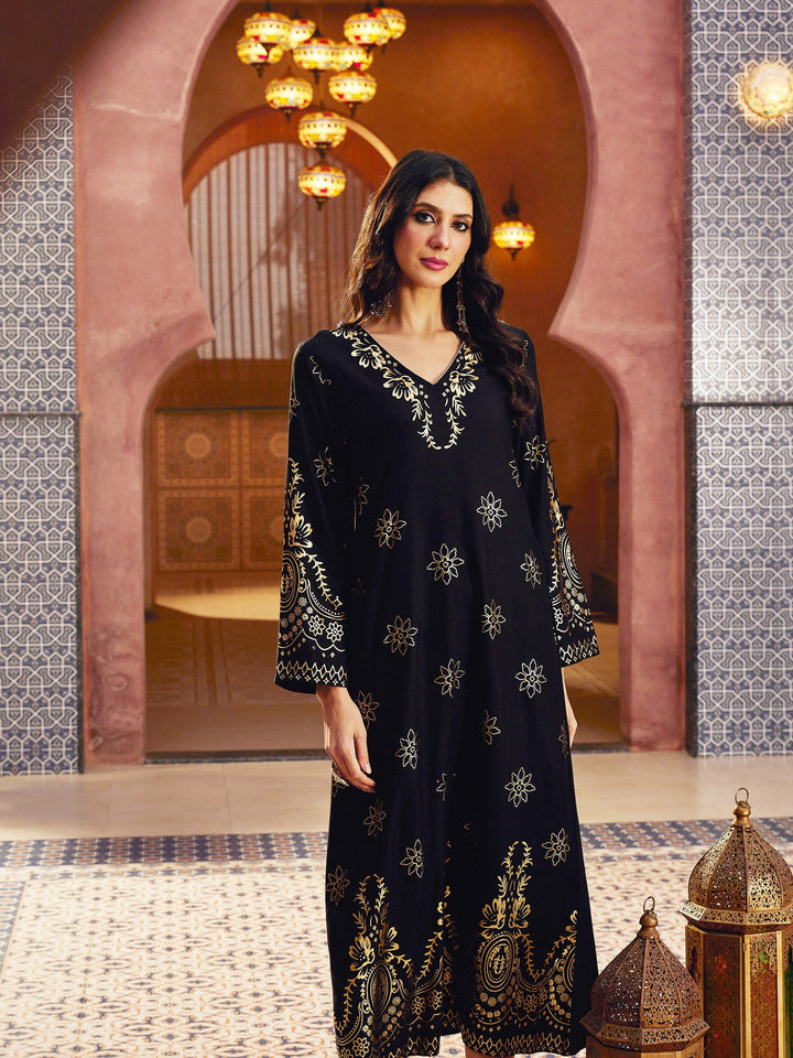 Women Black Foil Print V-Neck Abaya Dress