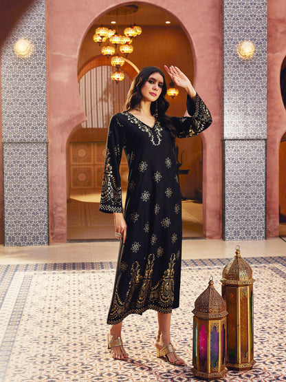 Women Black Foil Print V-Neck Abaya Dress
