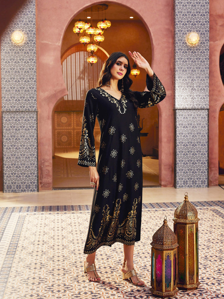 Women Black Foil Print V-Neck Abaya Dress