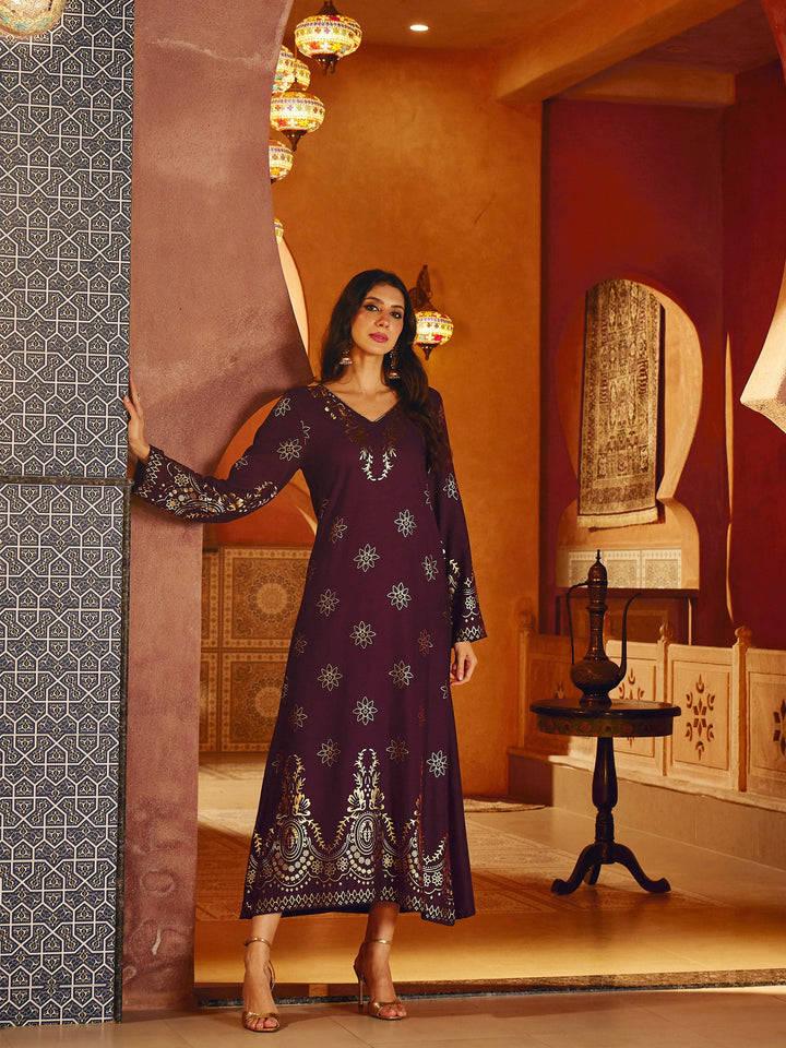 Women Burgundy Foil Print V-Neck Abaya Dress