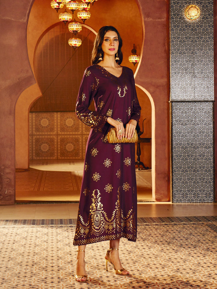 Women Burgundy Foil Print V-Neck Abaya Dress