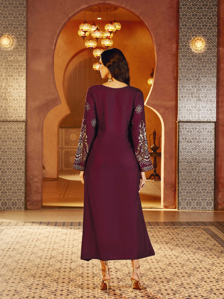Women Burgundy Foil Print V-Neck Abaya Dress