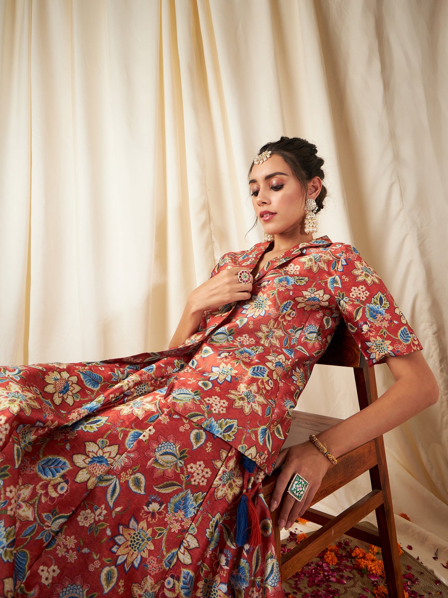 Orange Floral Short Sleeves Blazer