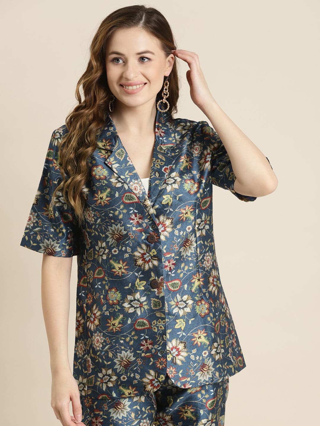 Navy Floral Short Sleeves Blazer-Jackets-SASSAFRAS