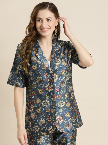 Navy Floral Short Sleeves Blazer-Jackets-SASSAFRAS