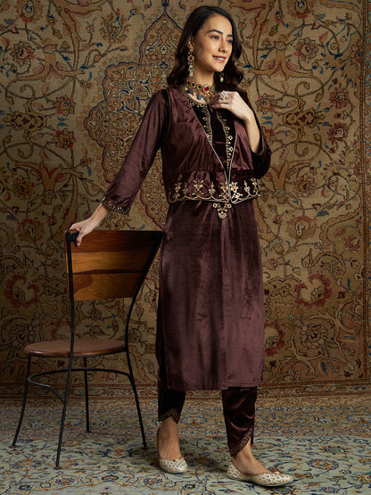 Women Brown Velvet Zari Embroidered Waistcoat