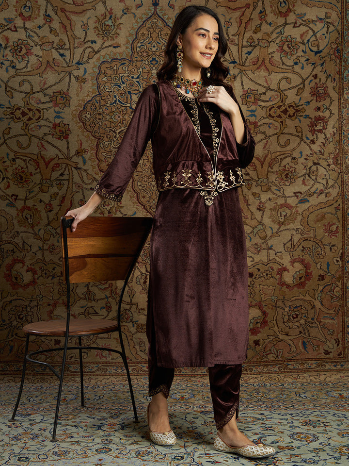 Women Brown Velvet Zari Embroidered Waistcoat