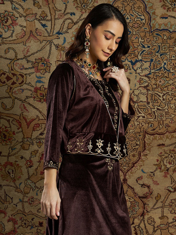 Women Brown Velvet Zari Embroidered Waistcoat