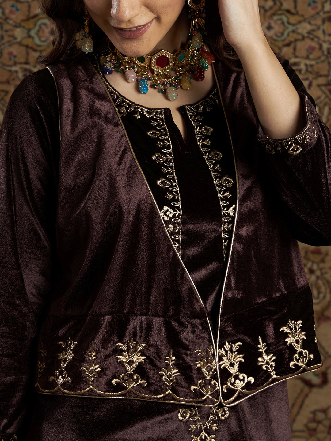 Women Brown Velvet Zari Embroidered Waistcoat