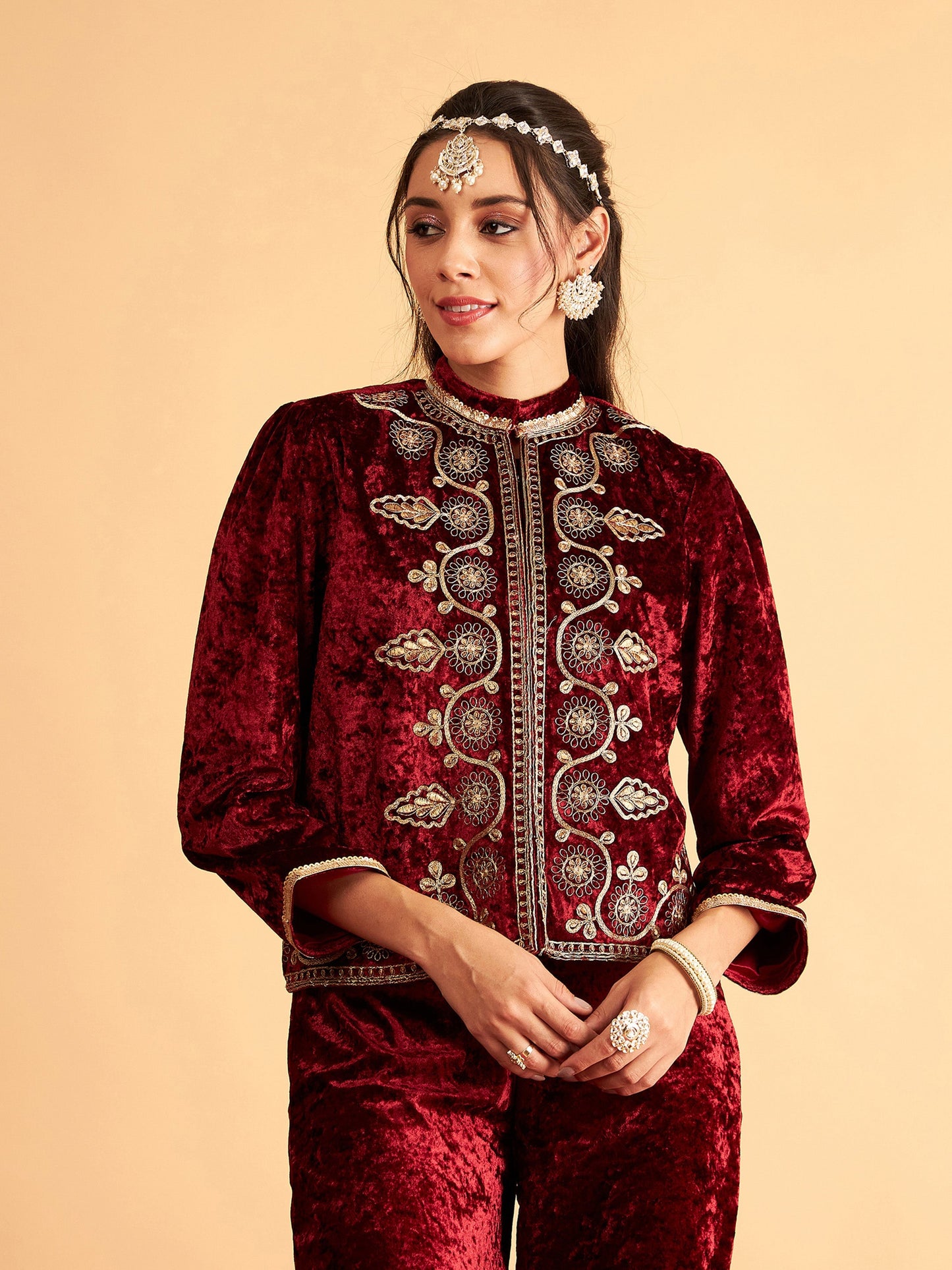 Maroon Velvet Front Embroidered Jacket
