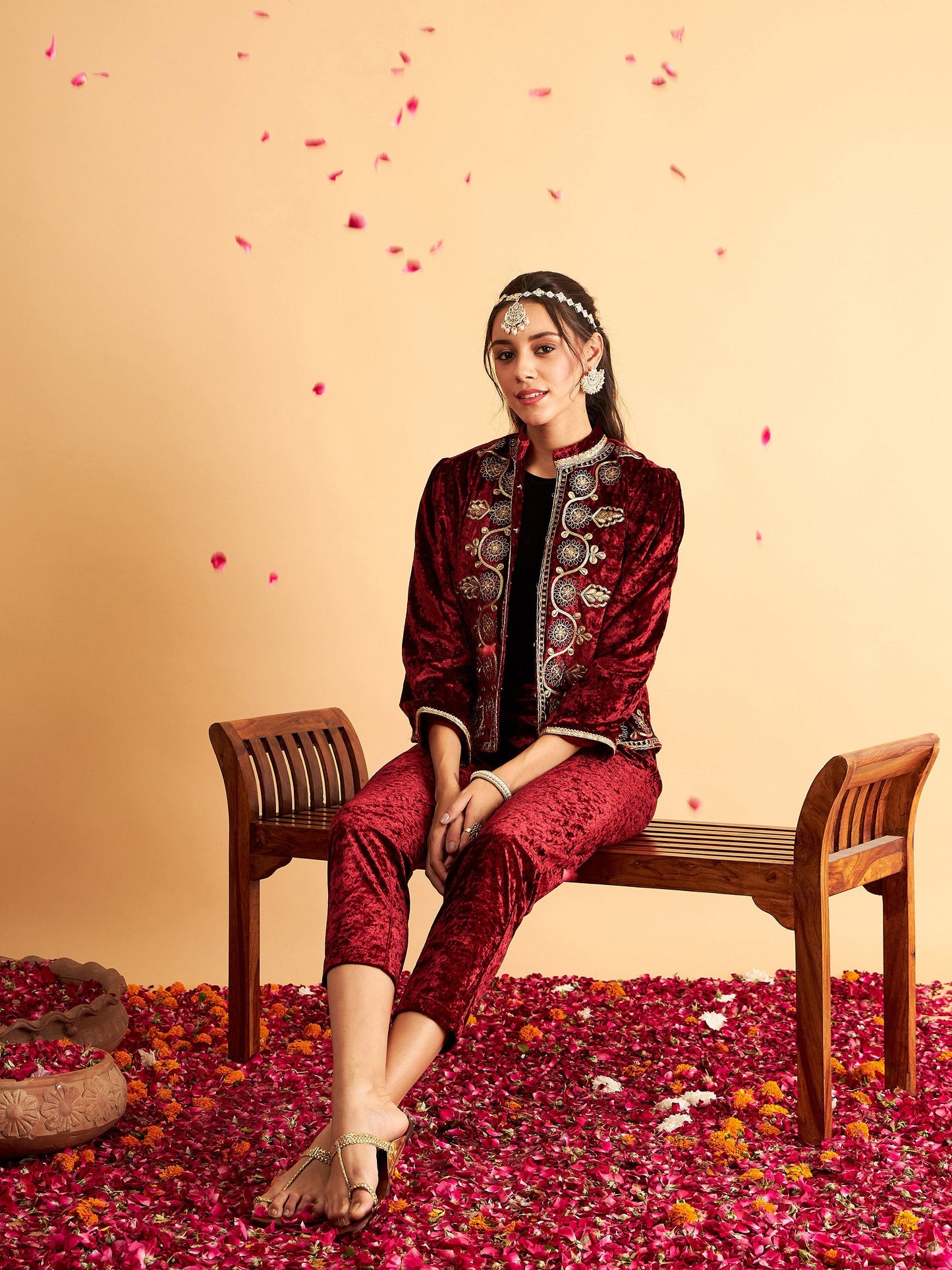 Maroon Velvet Front Embroidered Jacket