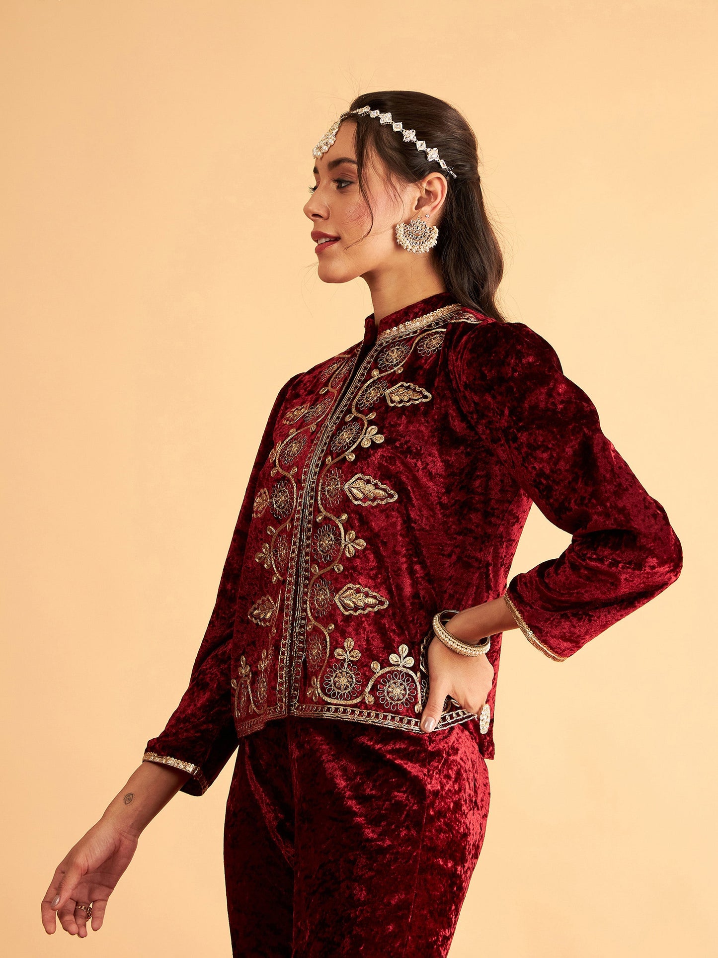 Maroon Velvet Front Embroidered Jacket